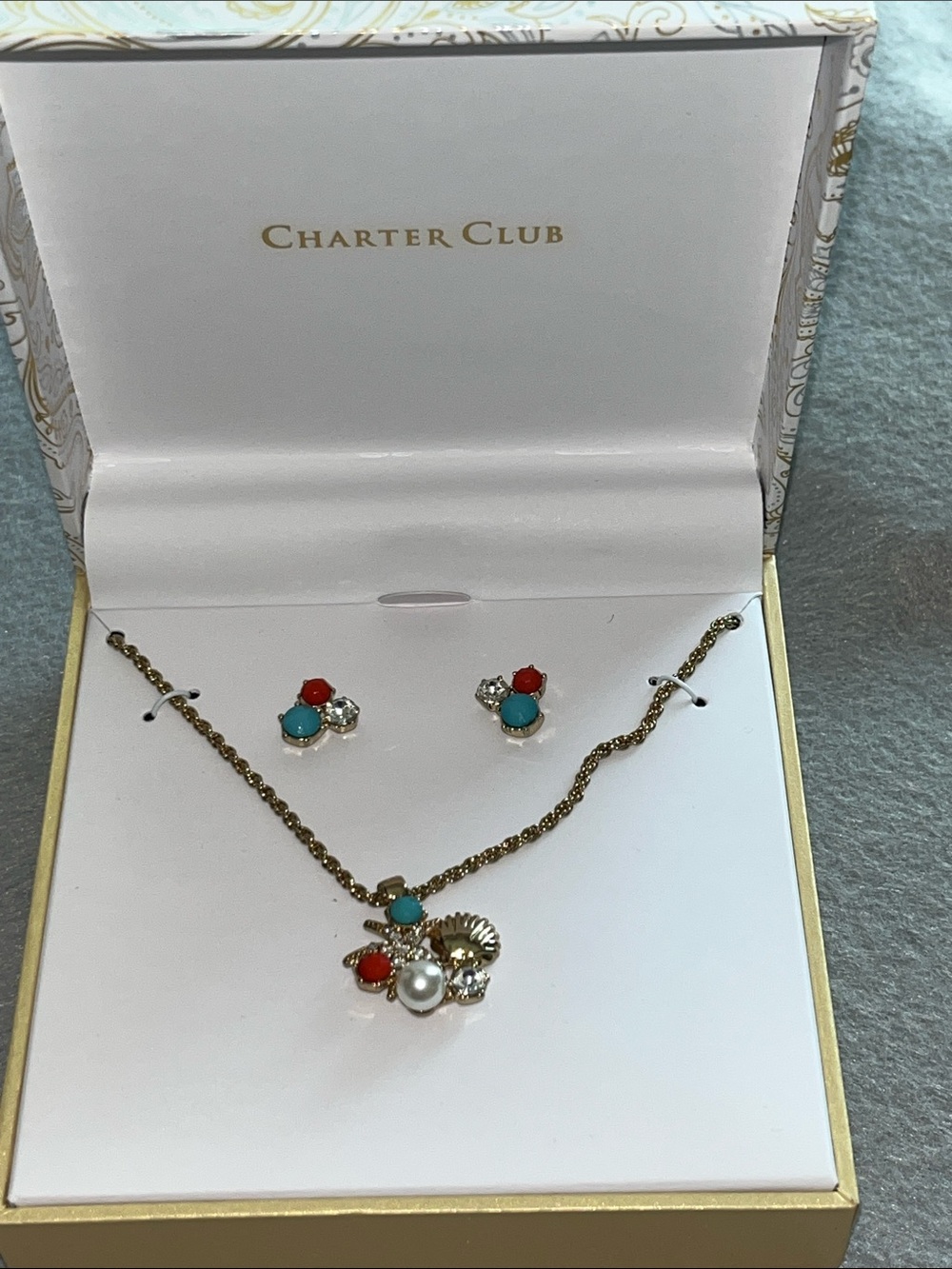 Charter Club Gold Tone Necklace and Earring Set with Turquoise, Coral and Pearl